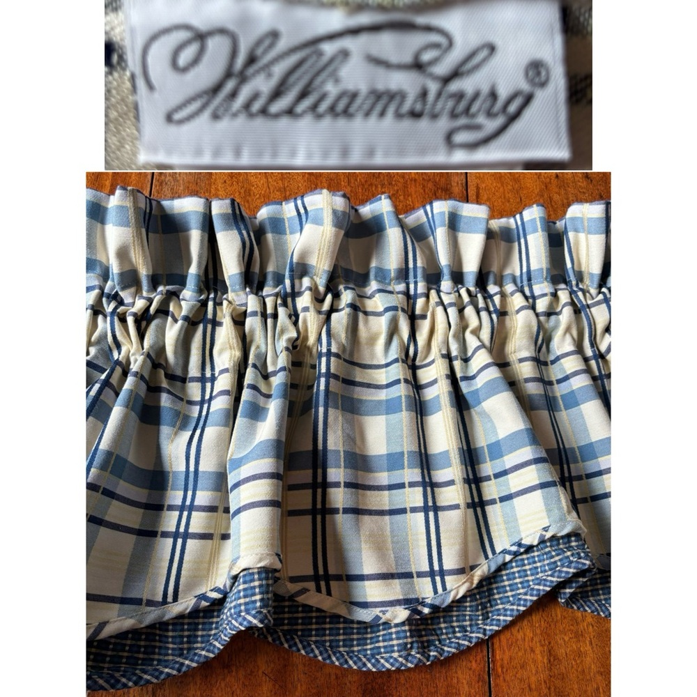 VTG Williamsburg Double Layered Scalloped Plaid Valance Blue Cream 72"x16"